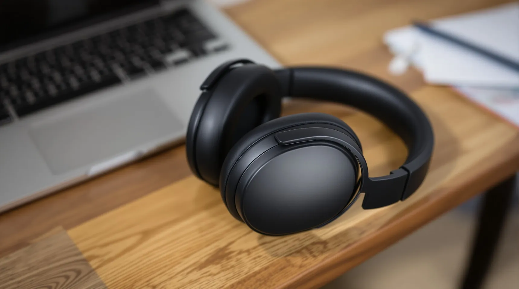 A pair of black over-ear headphones on a wooden desk next to a laptop