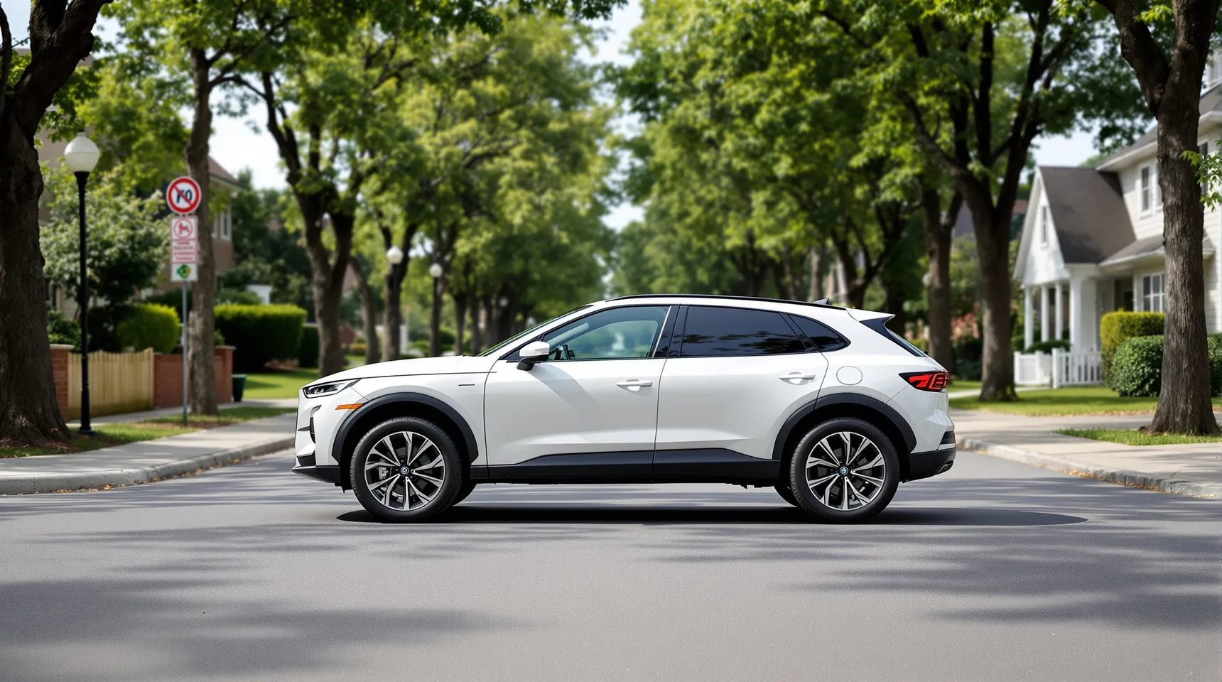 A pearl-white compact SUV parked on an empty tree-lined street