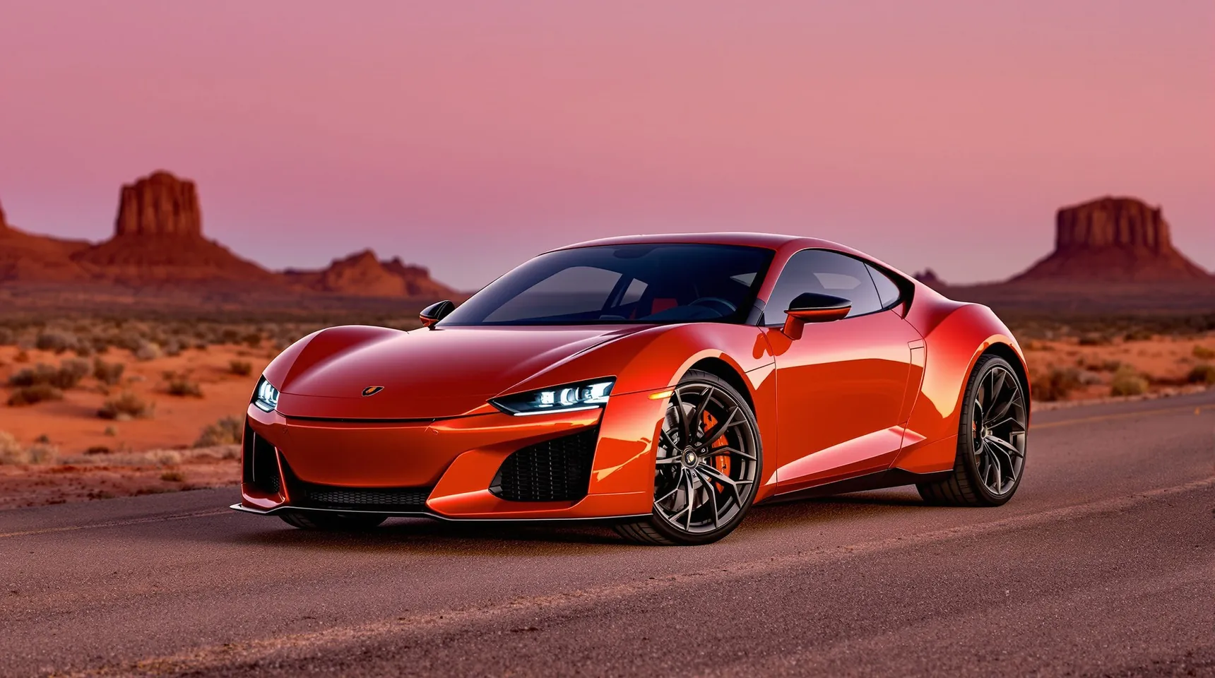 Um carro esportivo laranja em uma estrada no deserto ao anoitecer