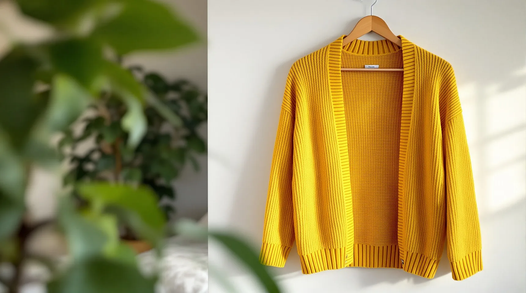 A mustard-yellow knit cardigan on a wooden hanger against a white wall