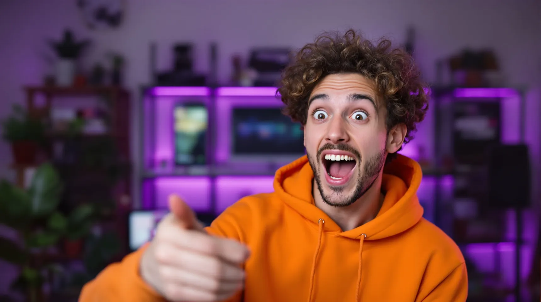 An excited young man in an orange hoodie pointing, in a home studio with purple lights