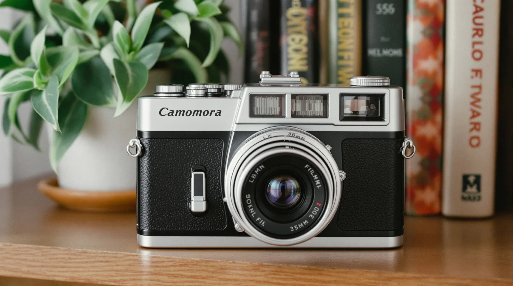A vintage silver and black film camera on a wooden bookshelf