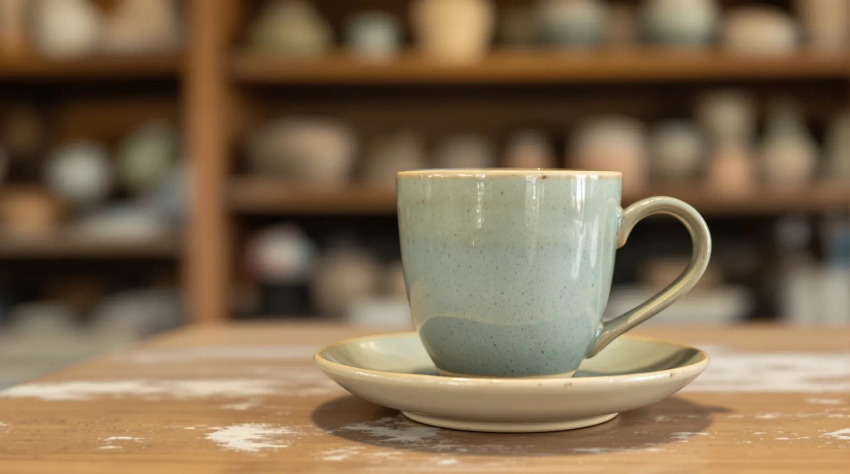 A handmade sage-green speckled mug and saucer on a table in a pottery studio
