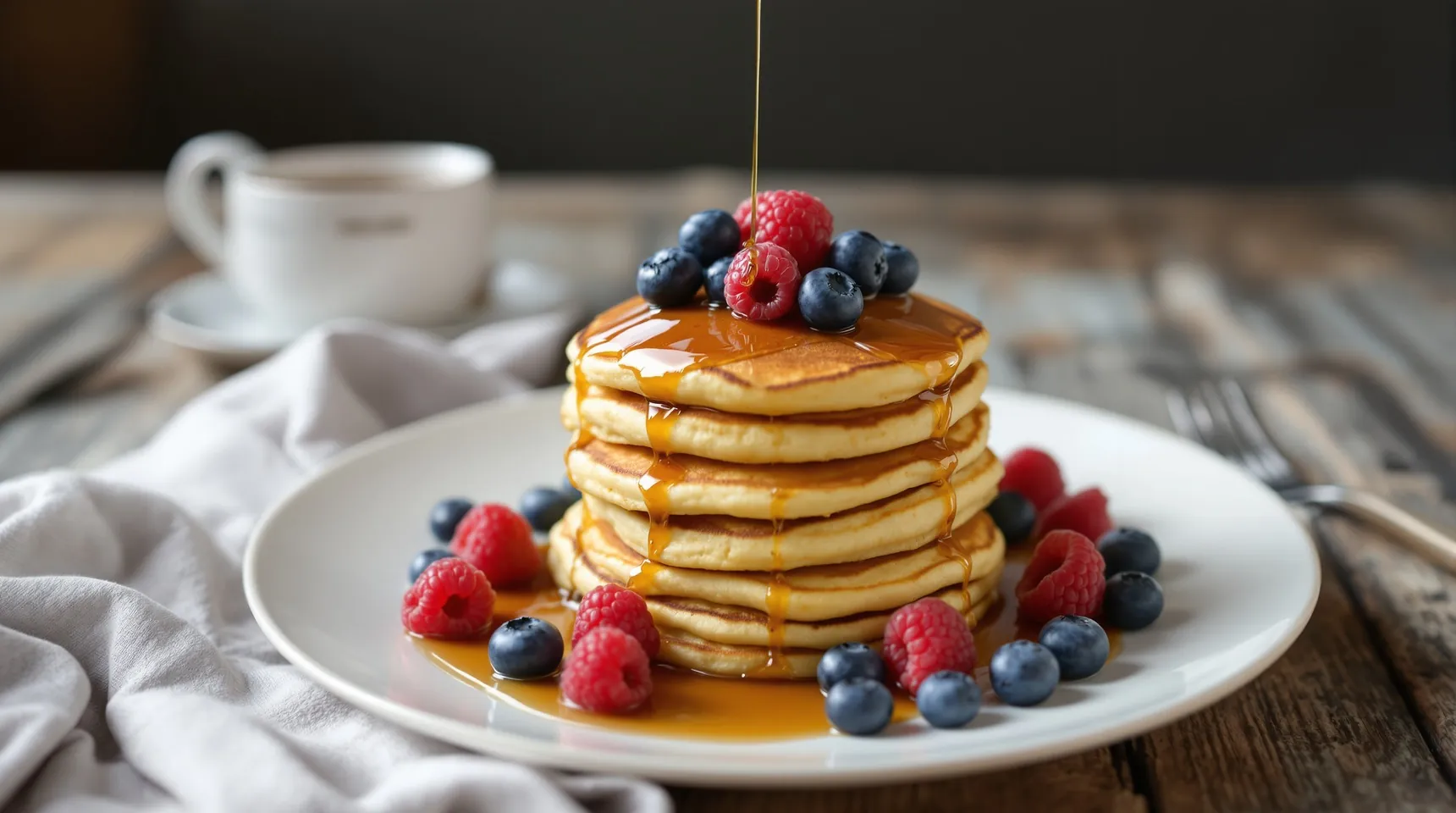 A stack of pancakes with blueberries, raspberries and syrup on a white plate on a wooden table