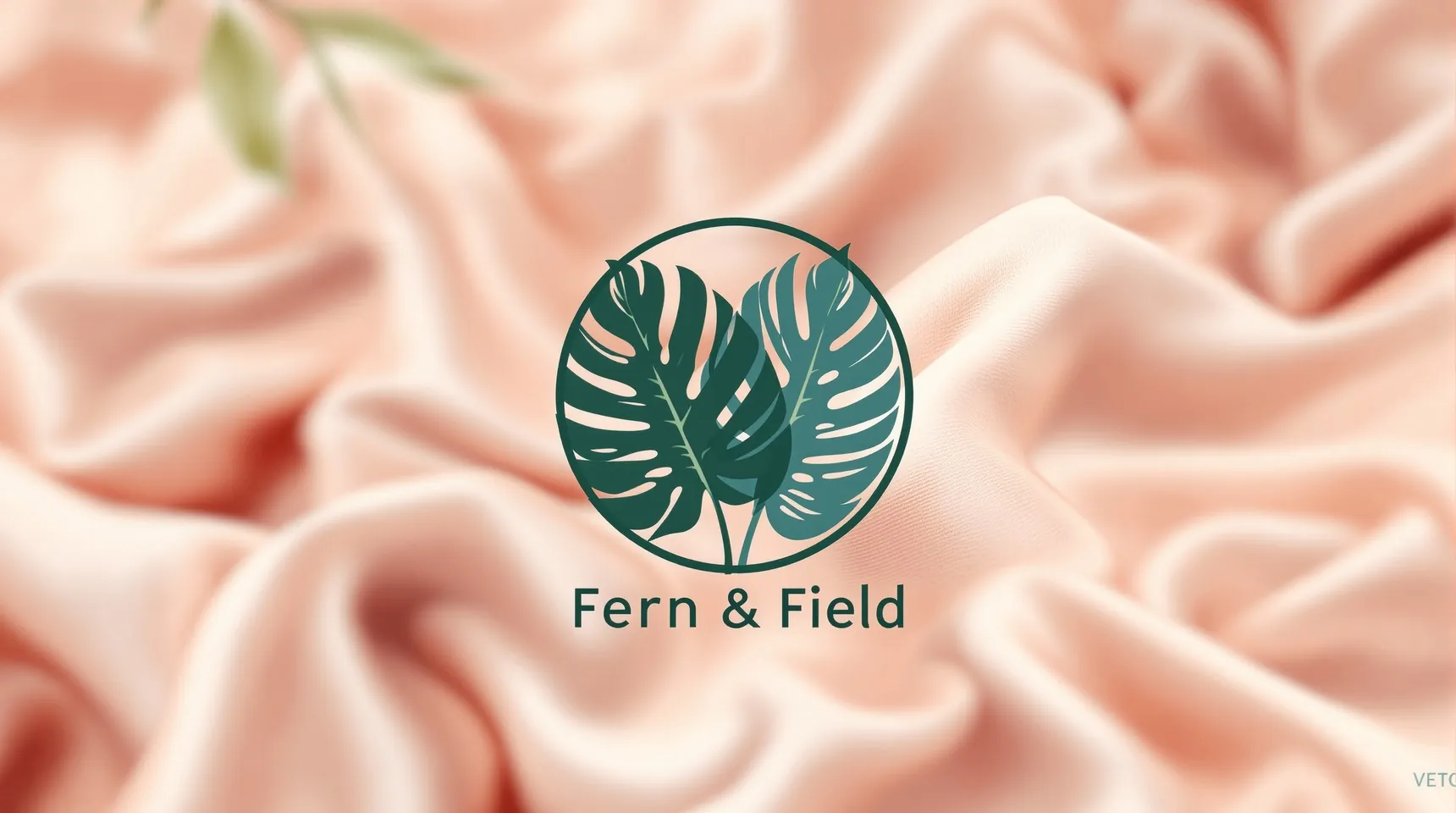 O logotipo da Fern & Field sobre um tecido rosa desfocado
