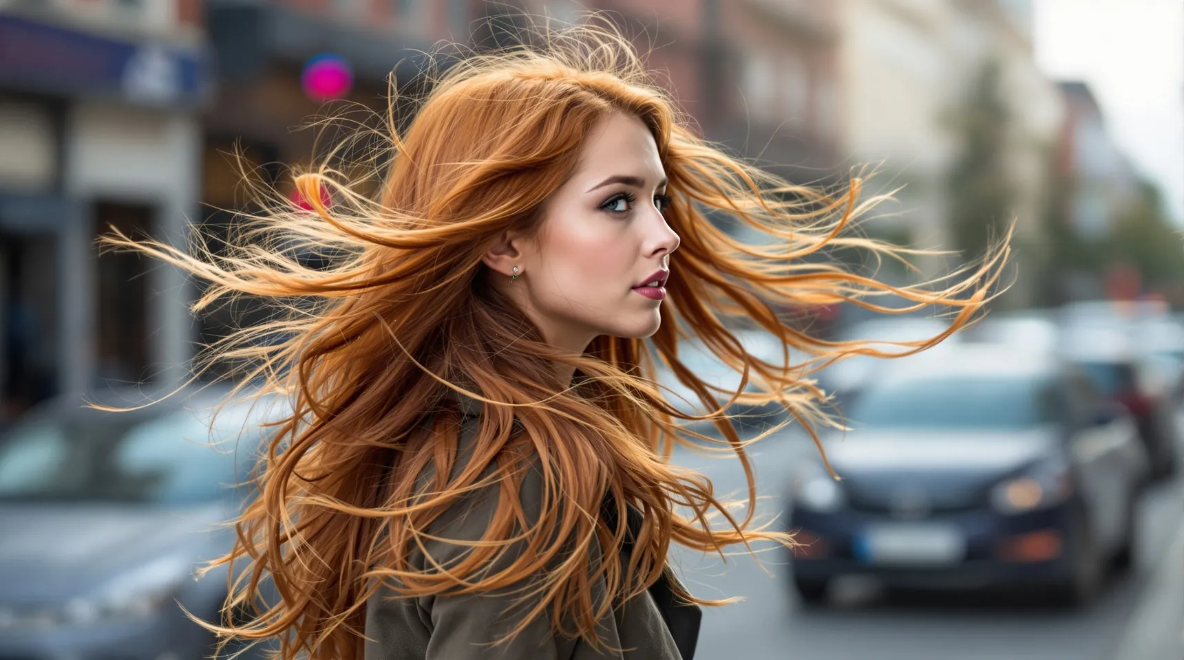 A young woman with long copper-red hair blowing in the wind on a city street