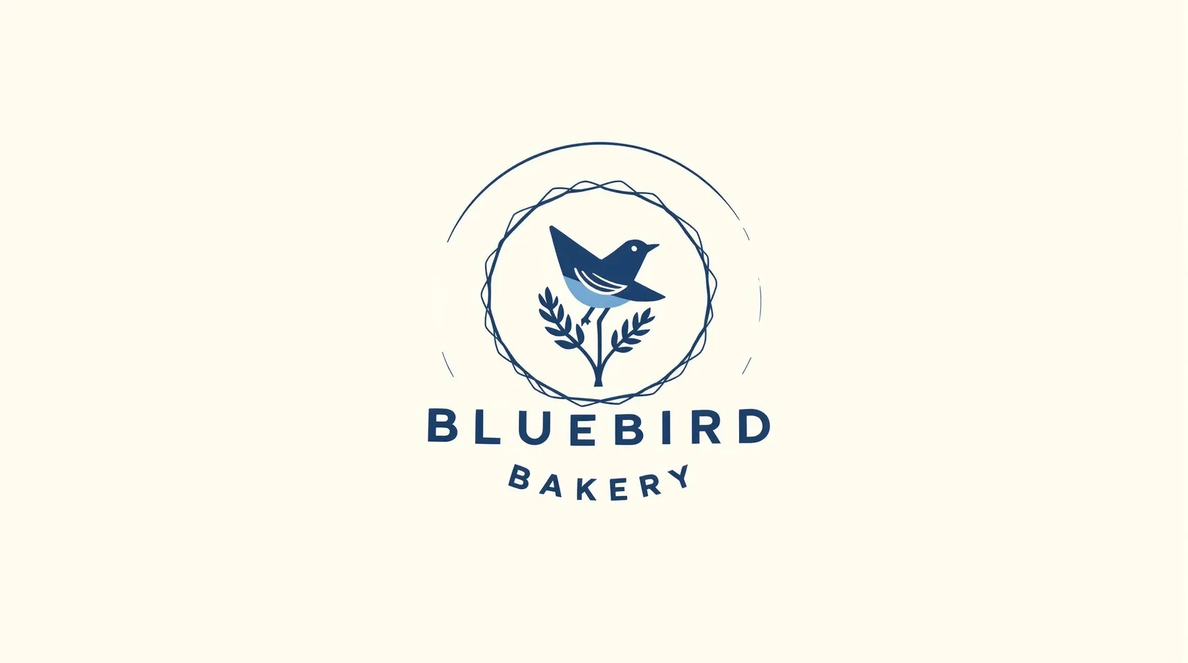 A Bluebird Bakery logo, a bluebird on a wheat stalk inside a navy ring, on a cream background