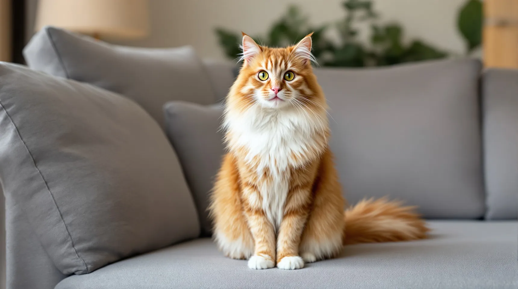 A fluffy ginger and white cat sitting on a grey sofa in a living room
