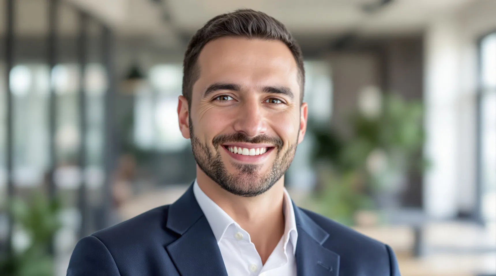 A smiling man in a navy blazer in a blurred open-plan office