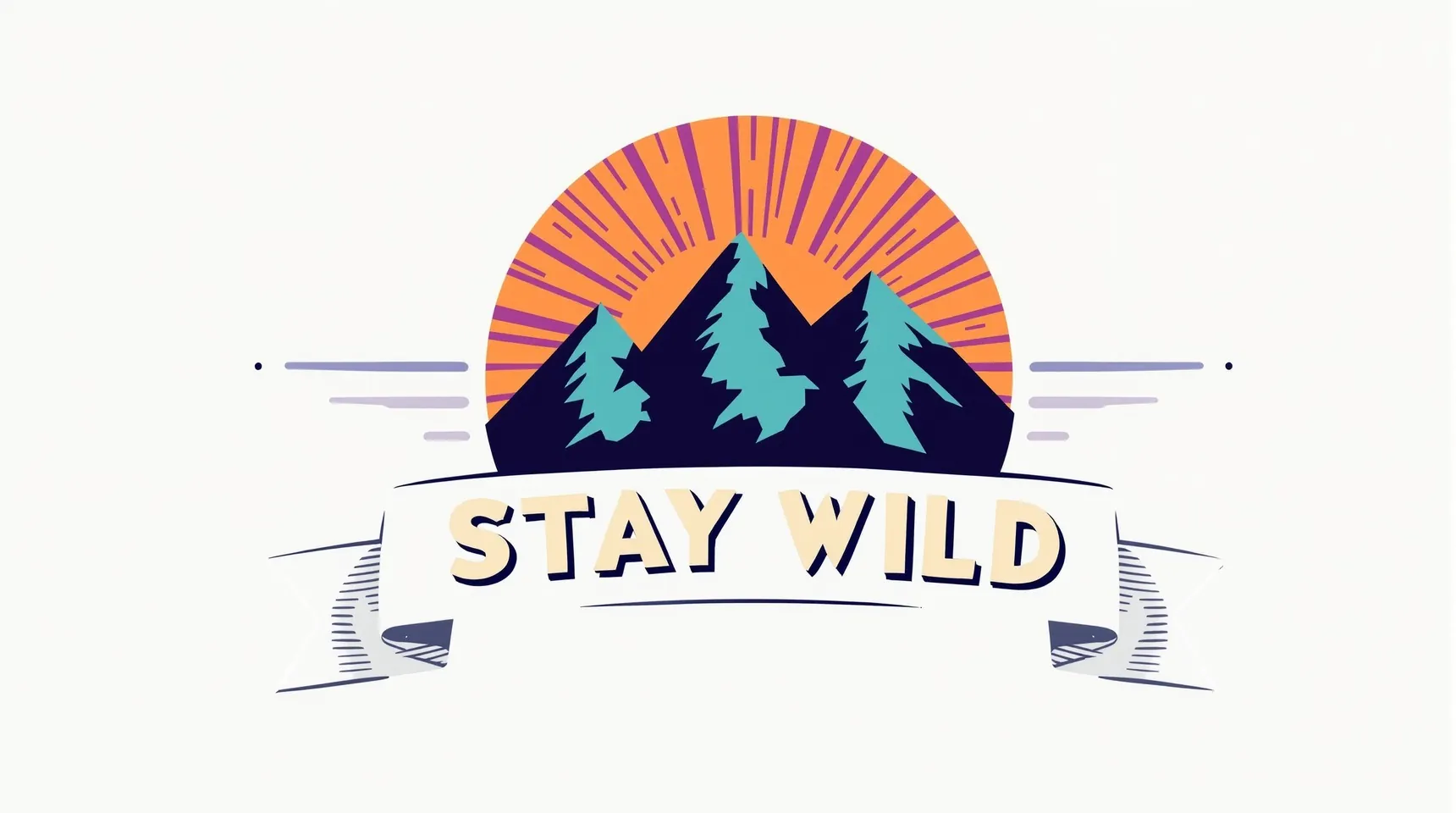 A retro badge with a striped sunset, teal mountains and the words Stay Wild on a light grey background