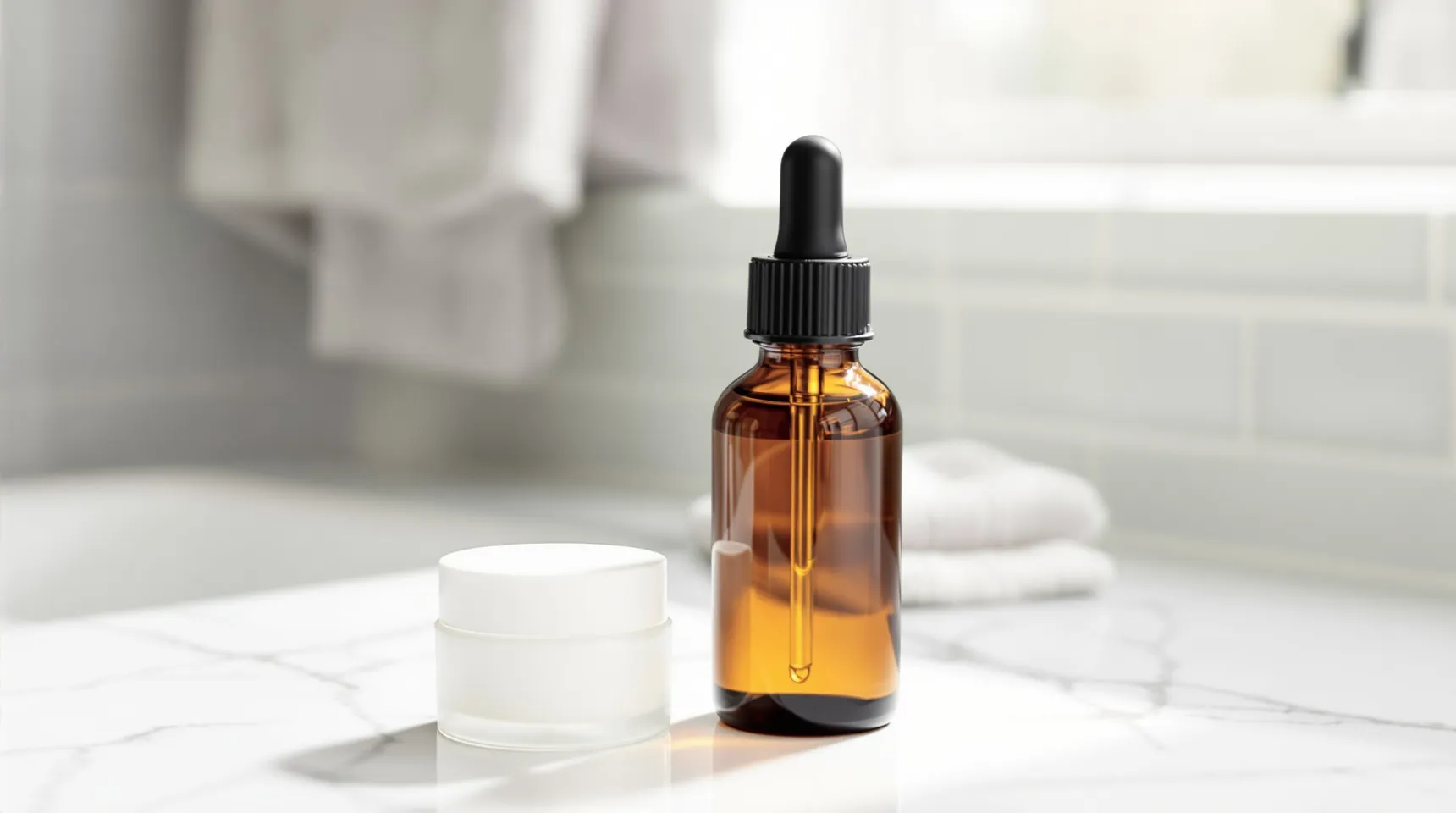 An amber serum bottle and a cream jar on a marble bathroom counter