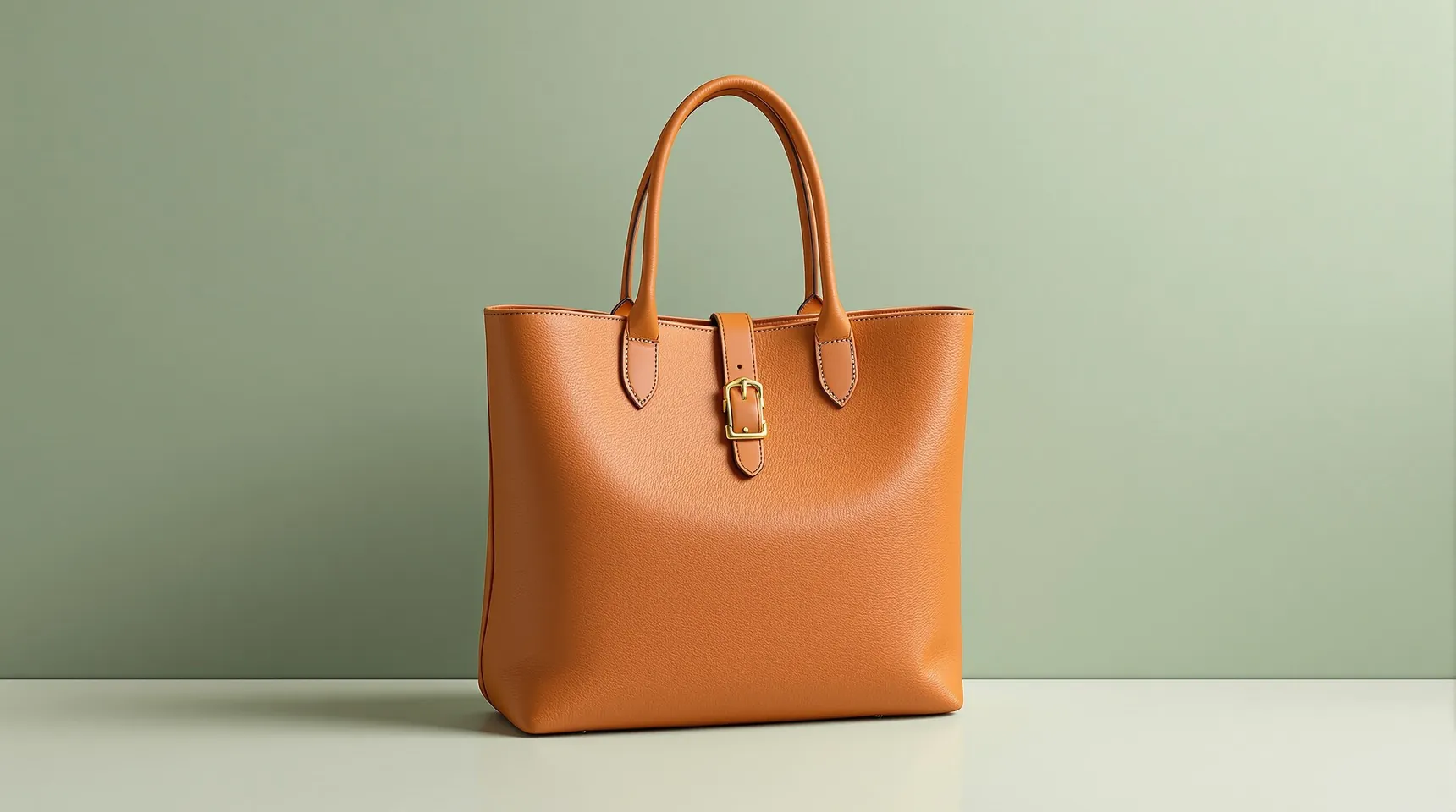 Uma bolsa tote de couro caramelo sobre um fundo de estúdio verde-sálvia